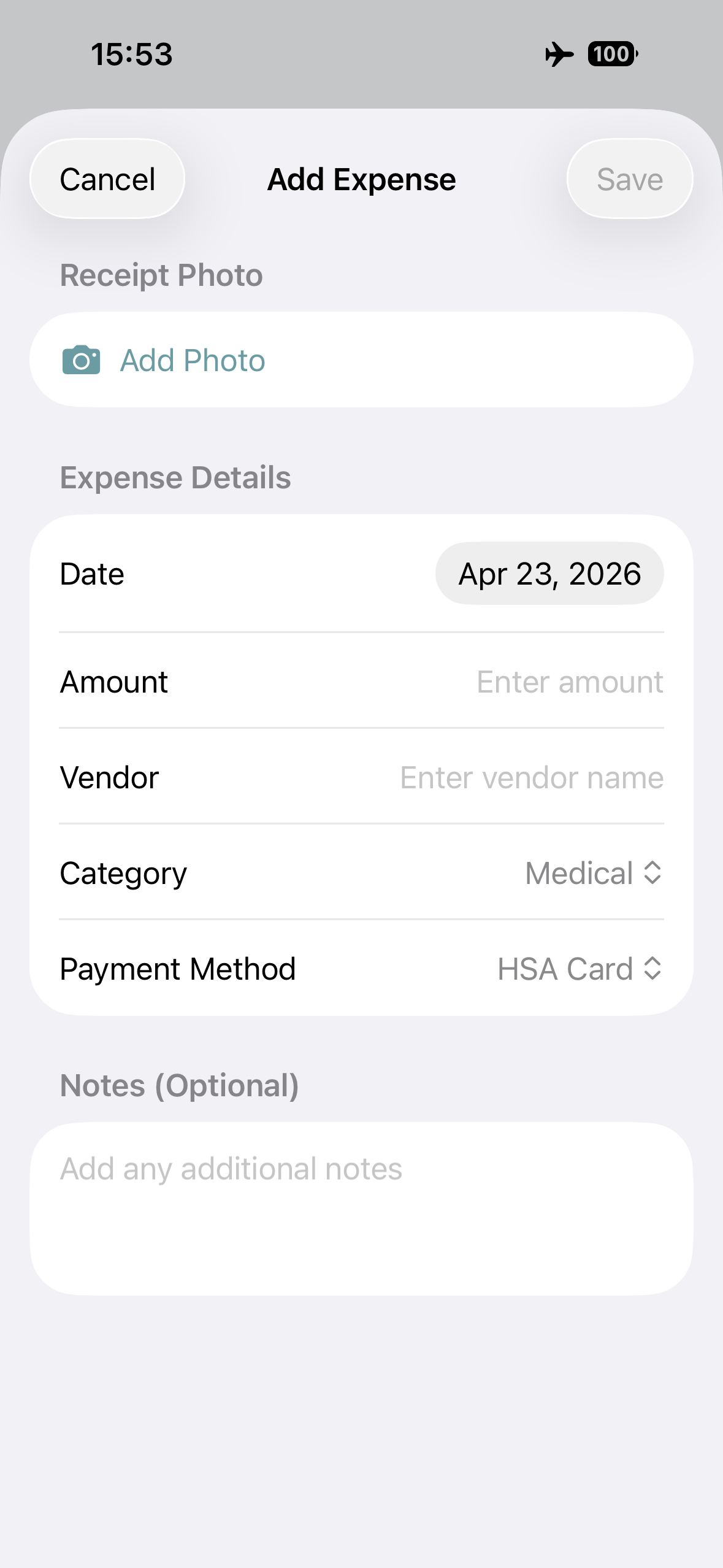 HSA Vault+ Add Expense screen
