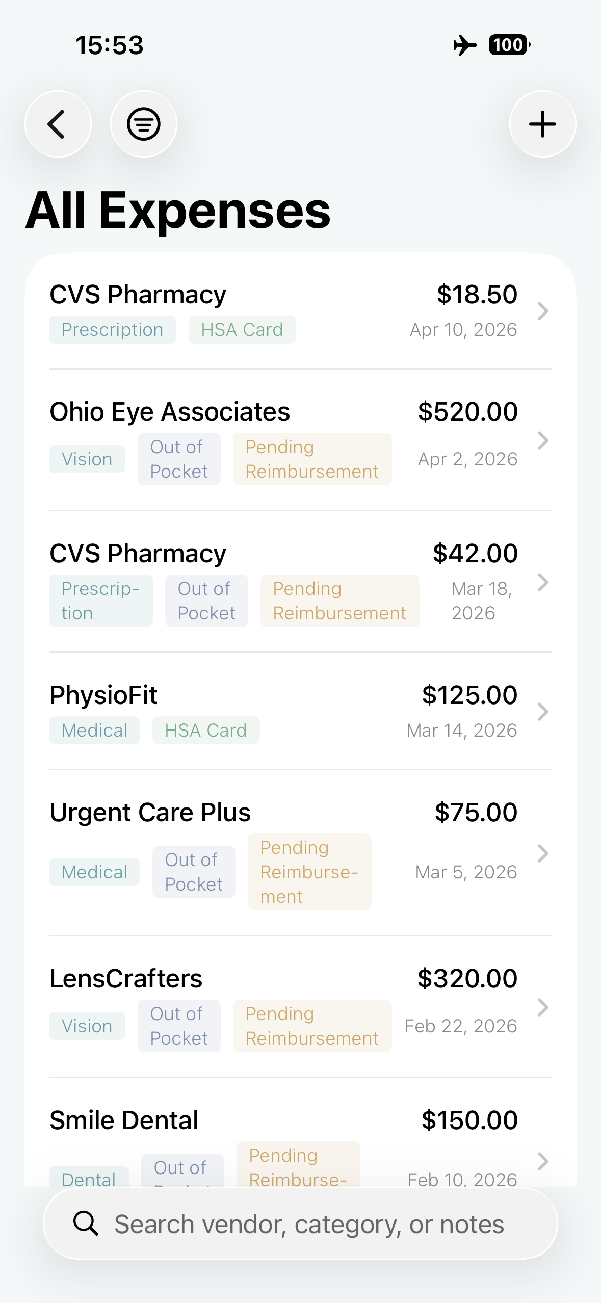 HSA Vault+ All Expenses screen