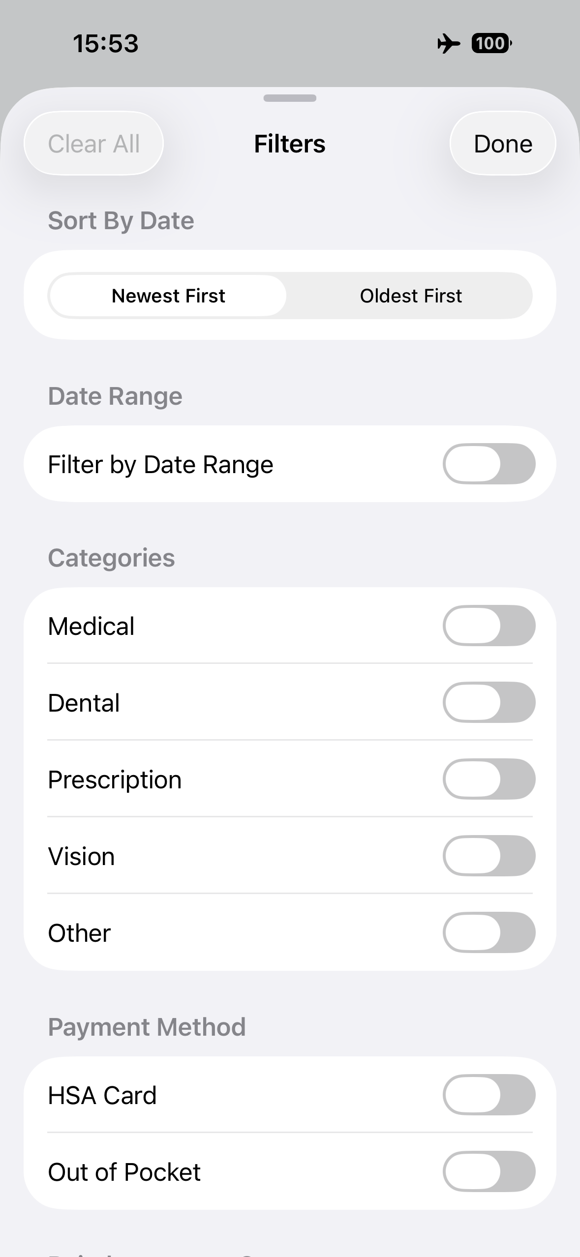 HSA Vault+ Filters screen